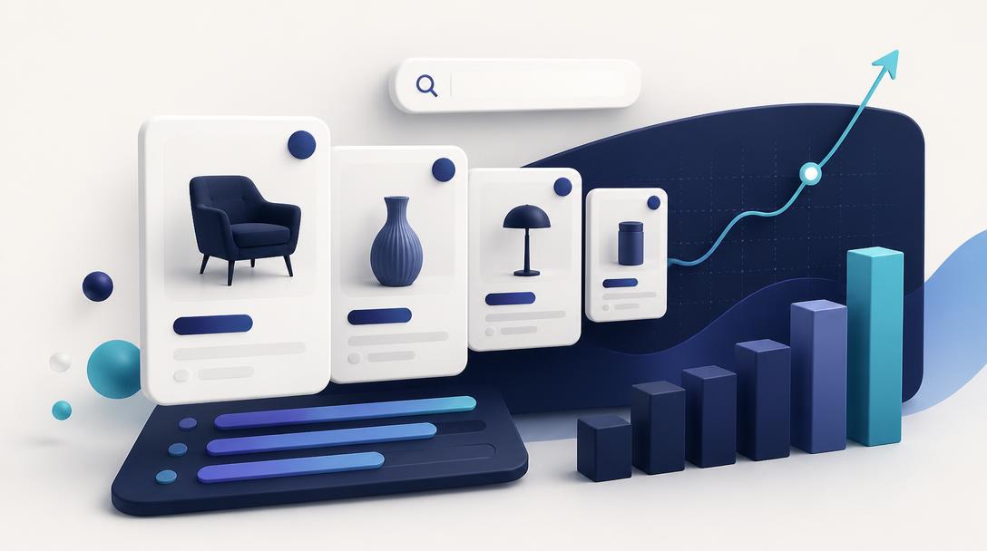 Abstract marketplace visual with product listing cards, search field and rising performance bars