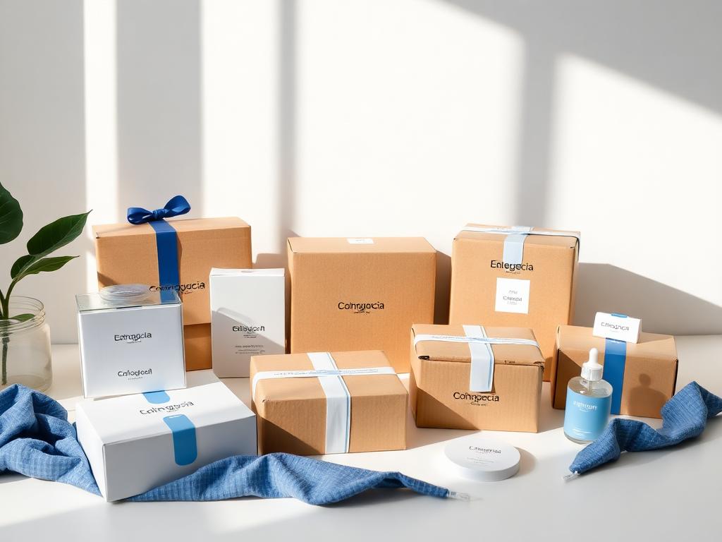 Minimal branded e-commerce packaging and products arranged in daylight