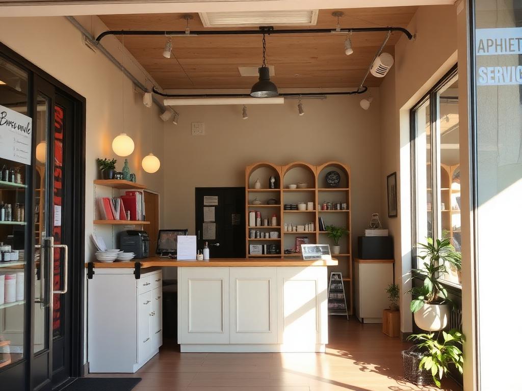 Warm local service business interior with a welcoming front counter