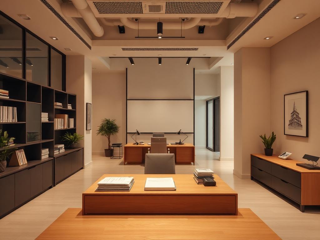 Calm professional services office with a consultation table and documents