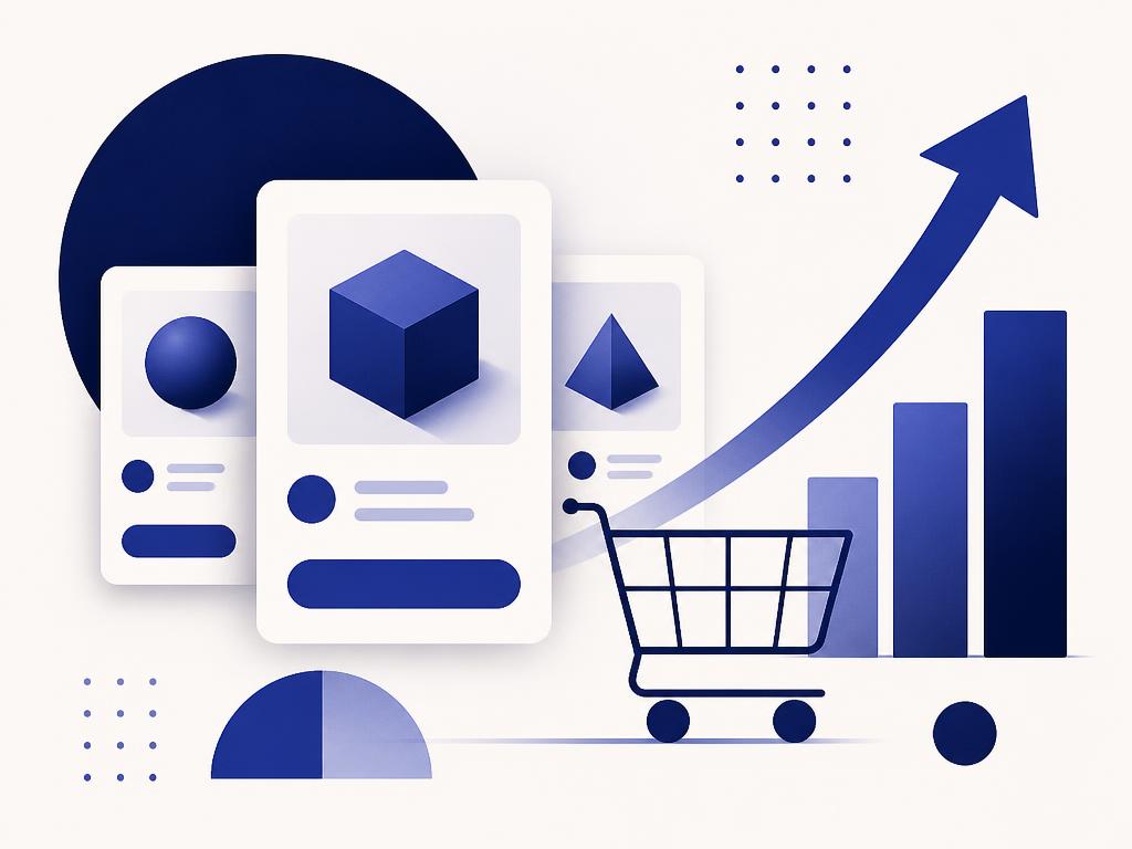 Abstract commerce visual with product cards, cart and an upward growth arrow